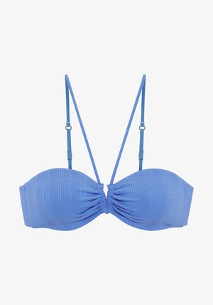 Blue ribbed bikini top with structured cups, adjustable straps, and central ruching detail. Material appears smooth and stretchy.