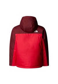 Red and maroon waterproof jacket with a hood, featuring a prominent logo on the upper back, showcasing a smooth, durable fabric.