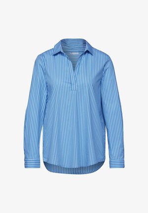 Blauw-wit gestreepte blouse met lange mouwen, een kraag en een knoopsluiting. Gemaakt van gladde stof, met een gebogen zoom en knoopmanchetten.