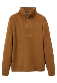 Brauner gestrickter Pullover mit hohem Kragen und halbzip Verschluss. Verfügt über eine gerippte Struktur und einen breiten, tiefen Ausschnitt. Weiches Material.