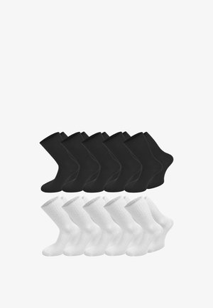 Black and white socks set, featuring ribbed texture, classic crew design, with five pairs each in black and white colors.