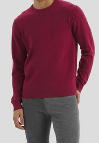 Pull ajusté à col rond en laine bordeaux foncé, avec poignets et ourlet côtelés, associé à un pantalon gris clair, présentant une texture lisse.