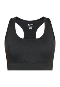 Sort sports-bh med racerback-design, fremstillet af et glat, strækbart materiale. Har en bred underbånd og minimale sømme for komfort.
