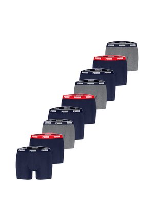 Set aus zehn Paar Boxershorts in Marineblau, Hellgrau und Dunkelgrau. Mit einem elastischen Bund, der mit "PUMA"-Branding in Schwarz und Rot versehen ist.