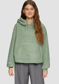 Groene hooded fleece pullover met een gestructureerde afwerking, voorzak en een trekkoord. Heeft losse mouwen en een ontspannen pasvorm.