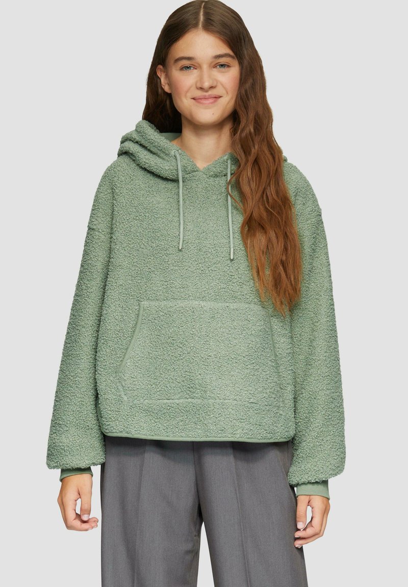 Groene hooded fleece pullover met een gestructureerde afwerking, voorzak en een trekkoord. Heeft losse mouwen en een ontspannen pasvorm.