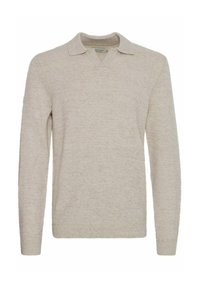 Beige pulóver, V-nyakú, rövid hegyes gallérral, puha, texturált anyagból készült; illeszkedő hosszú ujjak és bordázott alsó szegély.
