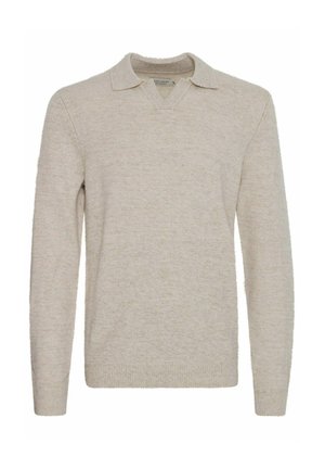 Beige pullover sweater with a v-neck and short pointed collar, crafted from a soft, textured fabric; fitted long sleeves and ribbed hem.
