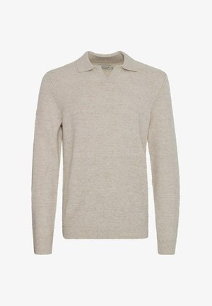 Beige pullover sweater with a v-neck and short pointed collar, crafted from a soft, textured fabric; fitted long sleeves and ribbed hem.
