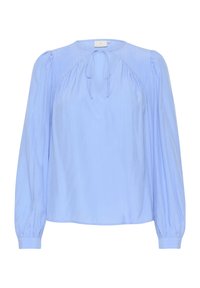 Blusa a manica lunga azzurro chiaro con spalle arricciate, collo con lacci e una texture liscia. Presenta una vestibilità rilassata e polsini con bottoni.