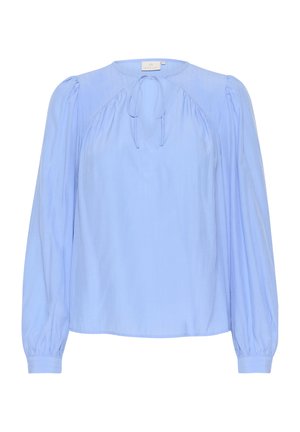Himmelblaues Langarmbluse mit gerafften Schultern, einem Krawattenkragen und einer glatten Textur. Bietet einen lockeren Sitz und knöpfbare Manschetten.