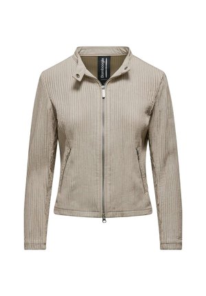 Giacca beige a coste con zip frontale, colletto alto e tasche laterali. Caratterizzata da una texture liscia e un design slim fit. Etichetta del marchio visibile all'interno.
