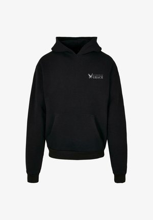 Schwarzer Kapuzenpullover aus Fleece-Material, mit einer Vorderasche und aufgedrucktem Logo "ETERNAL GRACE" auf der linken Brust.