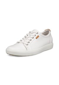 Hvid lavskridslædersneaker med hvide snørebånd og subtil brun logofane på siden, udstyret med en gummisål og metaløje.