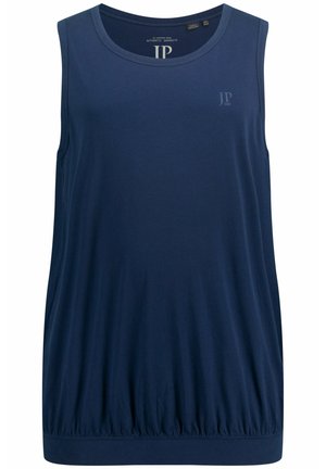 Blaue ärmellose Bluse aus weichem Stoff, mit rundem Ausschnitt und gerafftem elastischem Saum für eine lockere Passform.