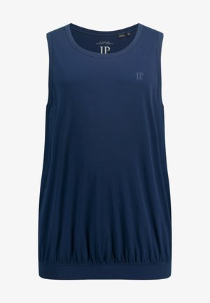 Blaue ärmellose Bluse aus weichem Stoff, mit rundem Ausschnitt und gerafftem elastischem Saum für eine lockere Passform.