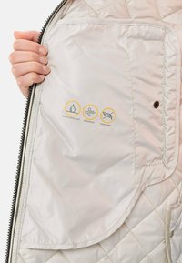 Leichte Jackeninnenseite in hellem Beige mit gestepptem Muster. Enthält Symbole für wasserabweisende, winddichte und daunefreie Eigenschaften.