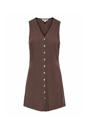 Robe marron sans manches en lin avec col en V, fermeture boutonnée à l'avant et ourlet légèrement évasé de la marque Only.