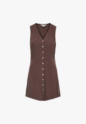 Brązowa lniana sukienka bez rękawów z dekoltem w serek, z przodu zapinana na guziki oraz z lekko rozkloszowanym dołem, marki Only.