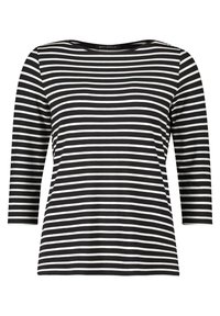 Czarno-biała striped bluzka z długim rękawem i okrągłym dekoltem. Wykonana z miękkiego materiału, z równomiernie rozłożonymi poziomymi paskami.