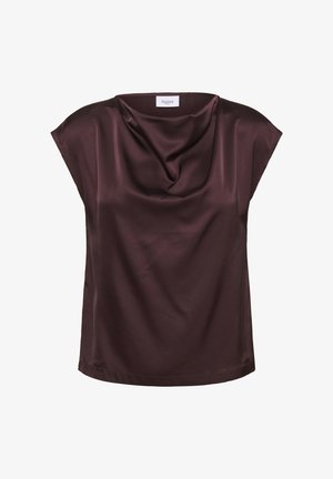 Blouse sans manches en satin bordeaux profond avec encolure drapée et coupe décontractée, étiquetée "Saint Tropez" à l'intérieur du col.