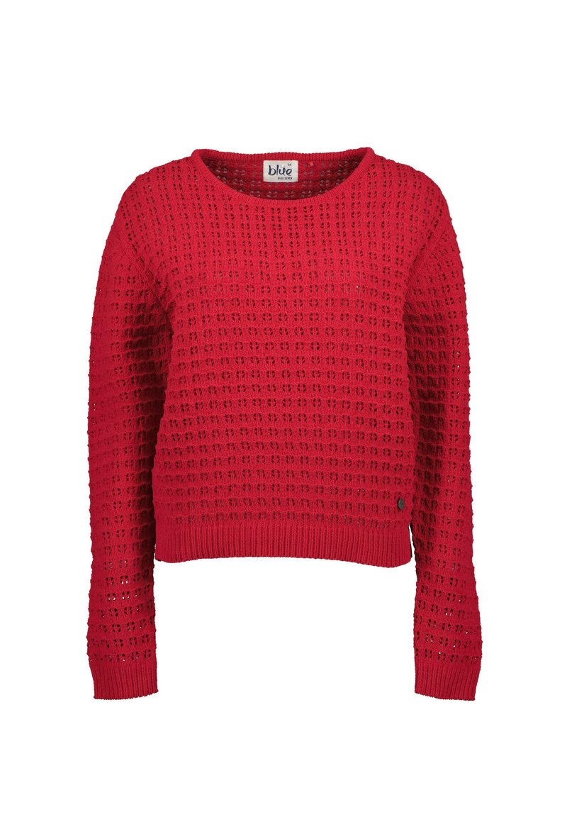 Czerwony sweter z dzianiny o luźnym kroju, z fakturowanym wzorem, długimi rękawami i okrągłym dekoltem. Metka widoczna wewnątrz kołnierza.