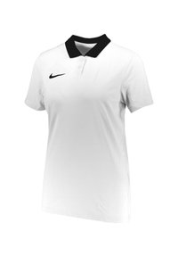 Polo shirt Nike blanc avec un col noir, à manches courtes, patte de boutonnage à deux boutons, et un petit logo swoosh noir sur le côté gauche de la poitrine.