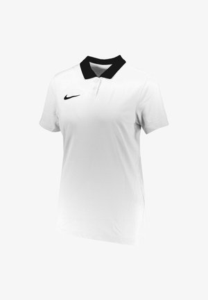 Polo shirt Nike blanc avec un col noir, à manches courtes, patte de boutonnage à deux boutons, et un petit logo swoosh noir sur le côté gauche de la poitrine.