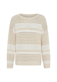Maglione lavorato a maglia beige con un motivo a righe caratterizzato da texture differenti, tessitura aperta e sezioni solide. Collo tondo e maniche lunghe.