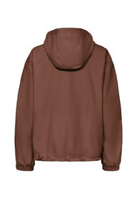 Bruine capuchonjas met elastische manchetten en tailleband, van achteren getoond op een witte achtergrond.