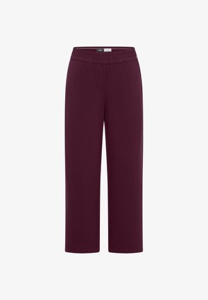 Pantaloni da donna a gamba dritta color viola scuro con vita elastica e senza tasche visibili.