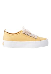 Yellow canvas sneaker with white rubber sole, round toe, and white and yellow striped laces. Features a rear pull tab for easy wear.