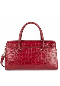 Sac à main en cuir rouge embossé crocodile avec doubles poignées, une forme structurée et une bandoulière amovible. Accents en métal doré.