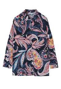 Košile na knoflíky vyrobená z námořnické látky s živým paisley vzorem v růžové, červené, bílé a zelené barvě. Má klasický límec a dlouhé rukávy.