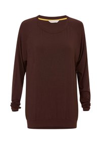 Donkerbruin pullover met lange mouwen, een ronde halslijn en een losse fit, weergegeven op een witte achtergrond.