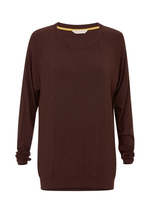 Donkerbruin pullover met lange mouwen, een ronde halslijn en een losse fit, weergegeven op een witte achtergrond.