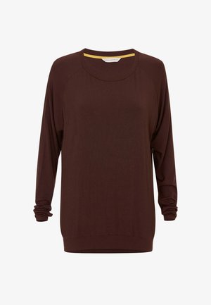 Donkerbruin pullover met lange mouwen, een ronde halslijn en een losse fit, weergegeven op een witte achtergrond.