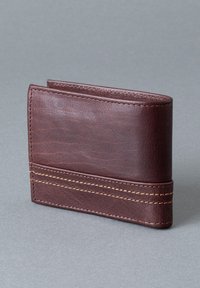Brown leather wallet with a textured finish, featuring a horizontal stitching detail across the center and a slim design.