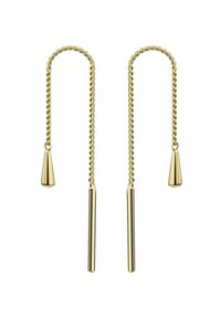 Orecchini pendenti in tono oro con design a catena intrecciata, punte coniche e accenti cilindrici allungati. Estetica elegante e moderna.