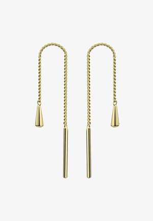 Ohrhänger in Goldoptik mit gedrehtem Kettendesign, konischen Spitzen und verlängerten zylindrischen Akzenten. Elegante, moderne Ästhetik.