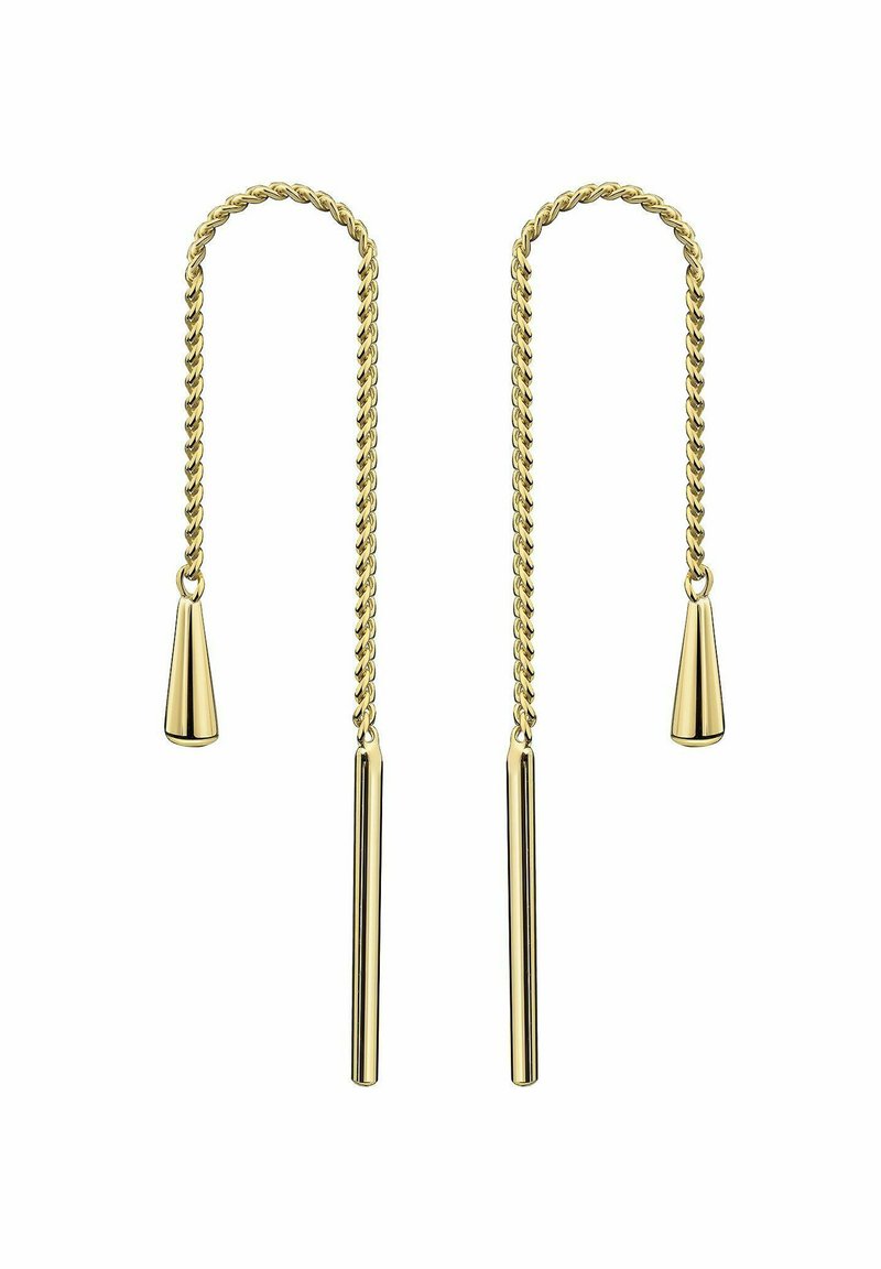 Orecchini pendenti in tono oro con design a catena intrecciata, punte coniche e accenti cilindrici allungati. Estetica elegante e moderna.