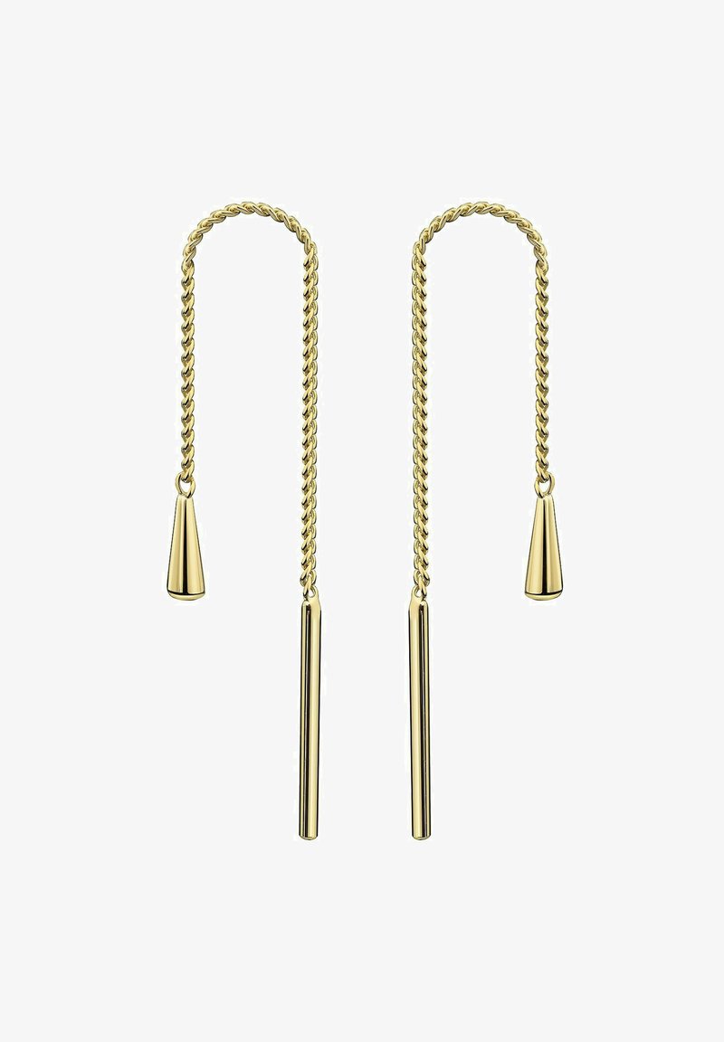 Orecchini pendenti in tono oro con design a catena intrecciata, punte coniche e accenti cilindrici allungati. Estetica elegante e moderna.