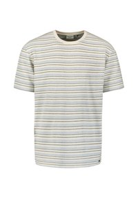 Korte mouwen t-shirt met een ronde hals, voorzien van horizontale strepen in beige, lichtblauw en grijs. Gestructureerde stof met een comfortabele pasvorm.