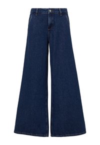Jean en denim foncé à jambes larges et taille haute, avec une fermeture à bouton et des détails de couture subtils sur le devant et l'ourlet.