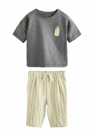 Oblečenie pre batoľa so sivým tričkom s krátkym rukávom, na ktorom je nášivka detskej fľaštičky, a béžovými pruhovanými šortkami so šnúrkou v páse.