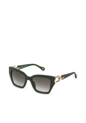 Lunettes de soleil carrées oversized vert foncé avec des verres gris dégradés et des détails métalliques décoratifs dorés sur les branches.