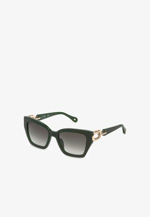 Mørkegrønne store firkantede solbriller med gradient grå linser og gyldne dekorative metalaccents på stængerne.