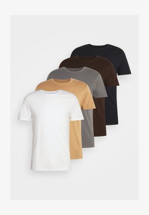 Vijf ronde hals t-shirts in het wit, beige, grijs, bruin en zwart. Korte mouwen, standaard pasvorm, gemaakt van zacht katoen.