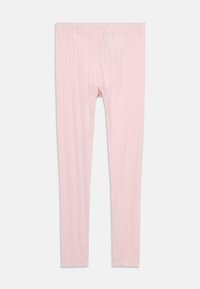 Svetloružové legíny vyrobené z mäkkej tkaniny, s vertikálnym žebrovaním a priliehavým strihom, s elastickým pásom pre pohodlie.