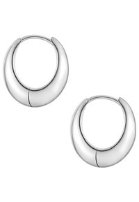 Sudrabaini riņķa auskari ar gludu, pulētu virsmu, kas veidoti ar pusmēness formu un ar smalku šuvju detaļu aizdarei.